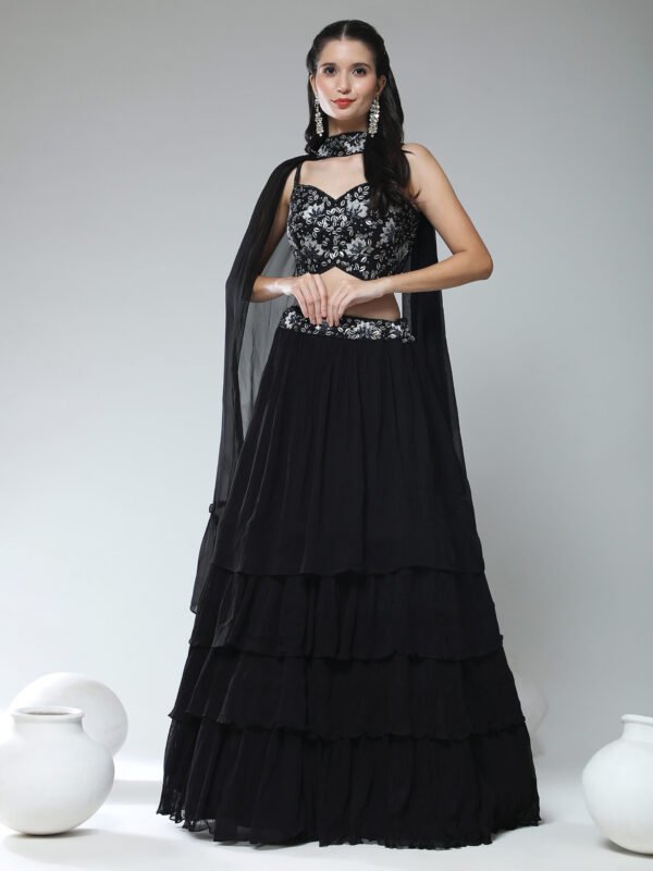 Phenav Black  Silver-Toned Embroidered Sequinned Ready to Wear Lehenga  Blouse With Dupatta - Image 5