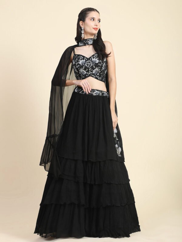 Phenav Black  Silver-Toned Embroidered Sequinned Ready to Wear Lehenga  Blouse With Dupatta - Image 3