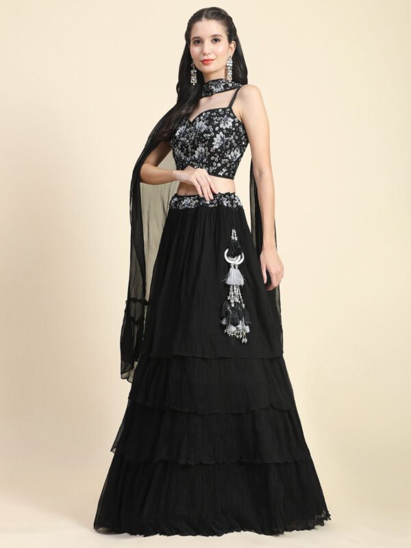 Phenav Black  Silver-Toned Embroidered Sequinned Ready to Wear Lehenga  Blouse With Dupatta - Image 2