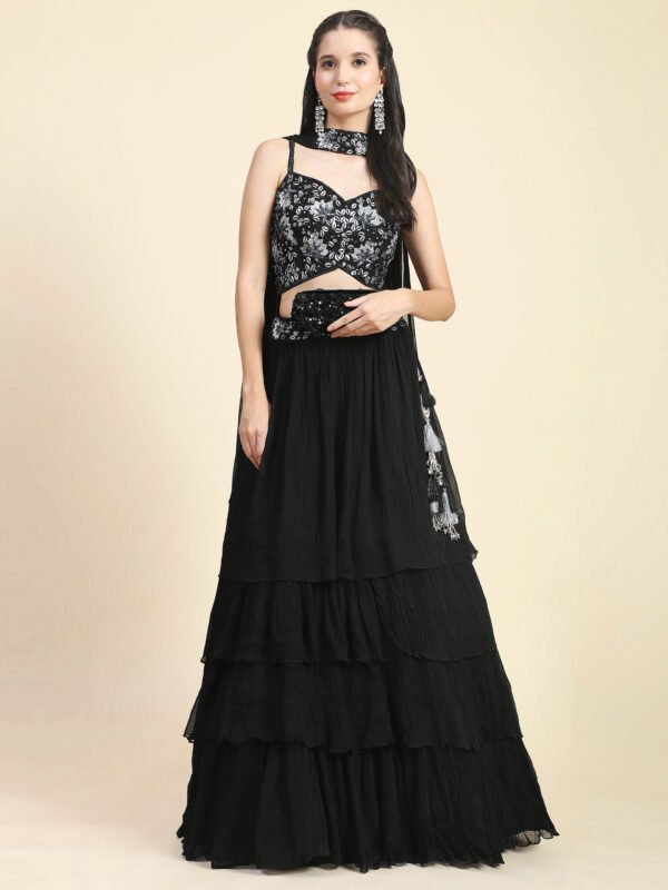 Phenav Black  Silver-Toned Embroidered Sequinned Ready to Wear Lehenga  Blouse With Dupatta - Image 9