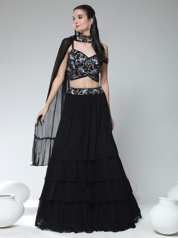 Phenav Black  Silver-Toned Embroidered Sequinned Ready to Wear Lehenga  Blouse With Dupatta - Image 4