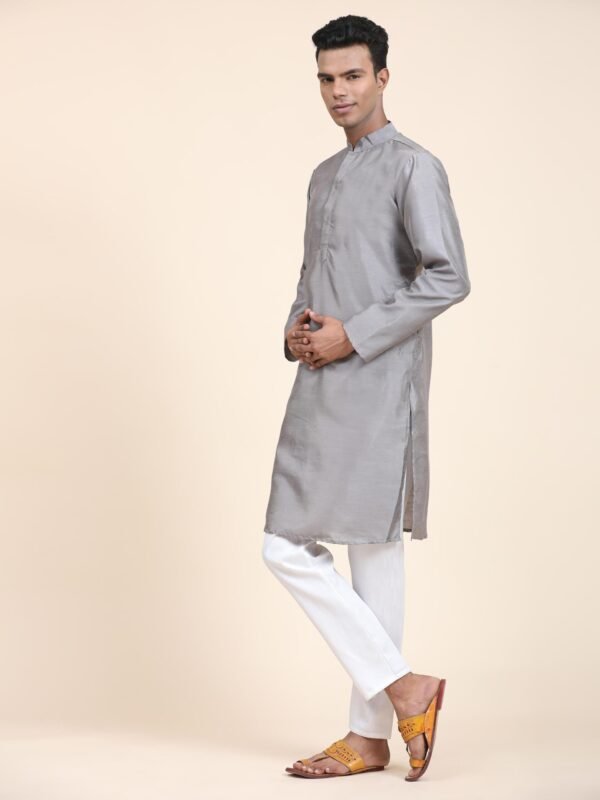 Men Solid Dupion Silk Straight Kurta, - Image 2