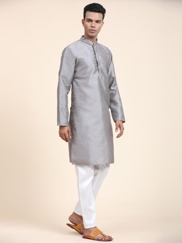 Men Solid Dupion Silk Straight Kurta, - Image 3