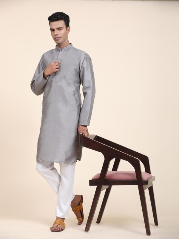 Men Solid Dupion Silk Straight Kurta, - Image 4