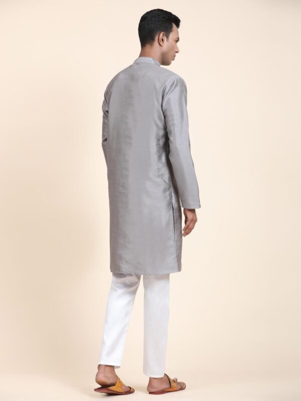 Men Solid Dupion Silk Straight Kurta, - Image 5