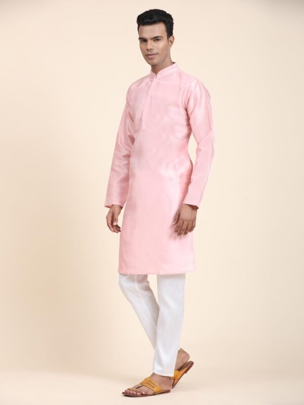 Men Solid Dupion Silk Straight Kurta,Pink - Image 3