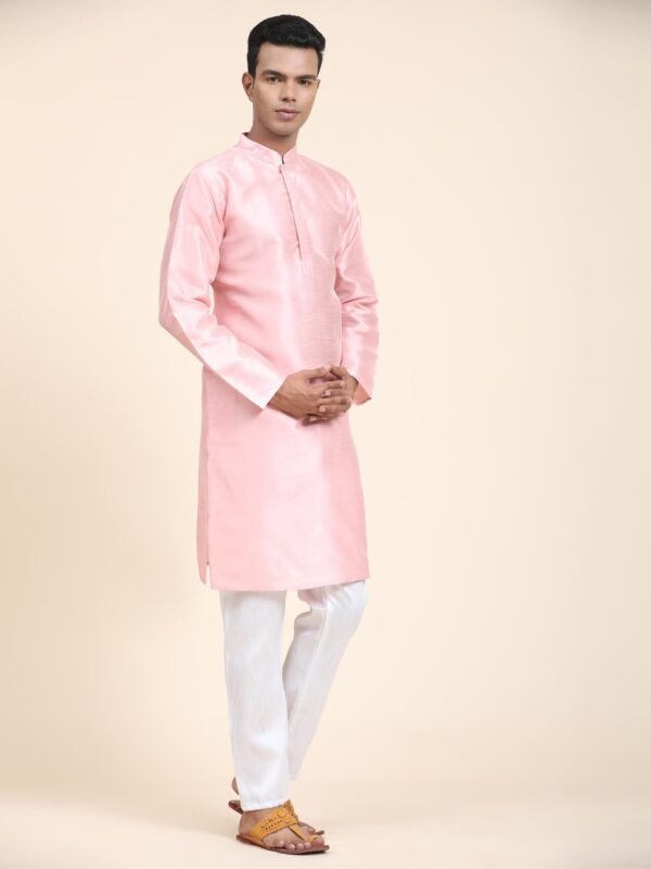 Men Solid Dupion Silk Straight Kurta,Pink - Image 2