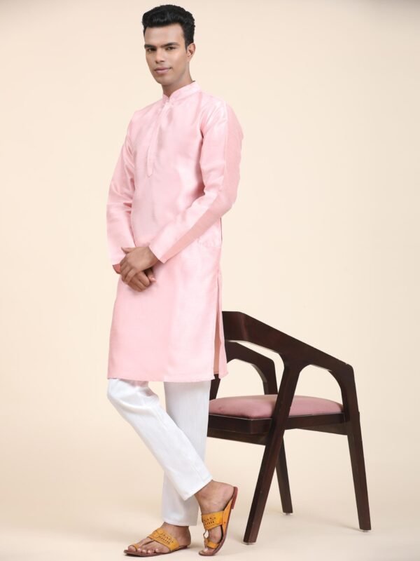 Men Solid Dupion Silk Straight Kurta,Pink - Image 7