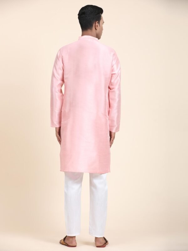 Men Solid Dupion Silk Straight Kurta,Pink - Image 6