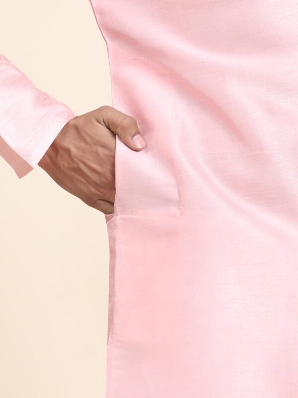 Men Solid Dupion Silk Straight Kurta,Pink - Image 5