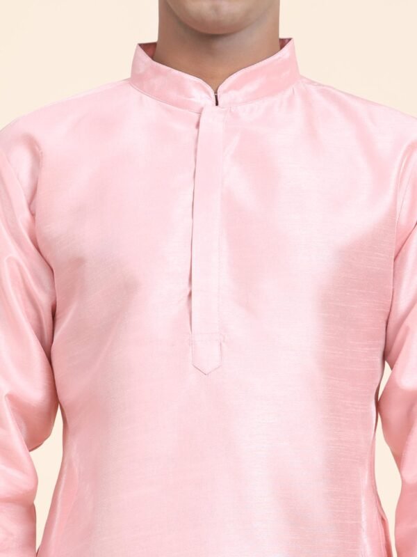 Men Solid Dupion Silk Straight Kurta,Pink - Image 4