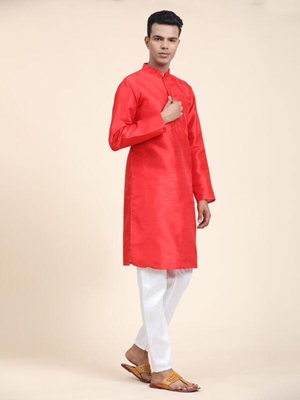 Men Solid Dupion Silk Straight Kurta,Red - Image 2