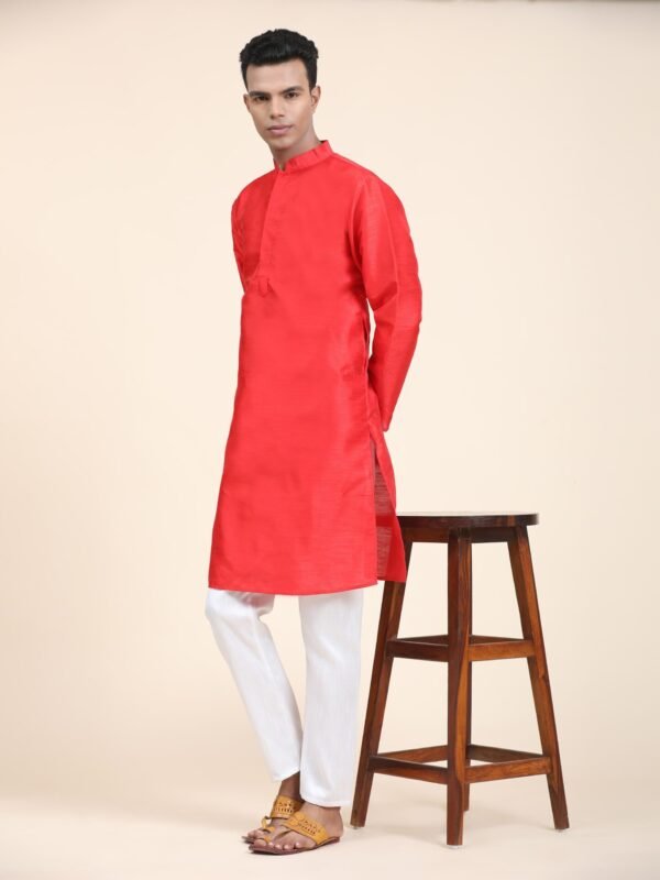 Men Solid Dupion Silk Straight Kurta,Red - Image 8