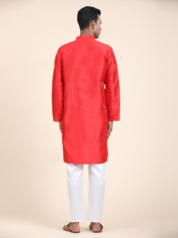 Men Solid Dupion Silk Straight Kurta,Red - Image 7