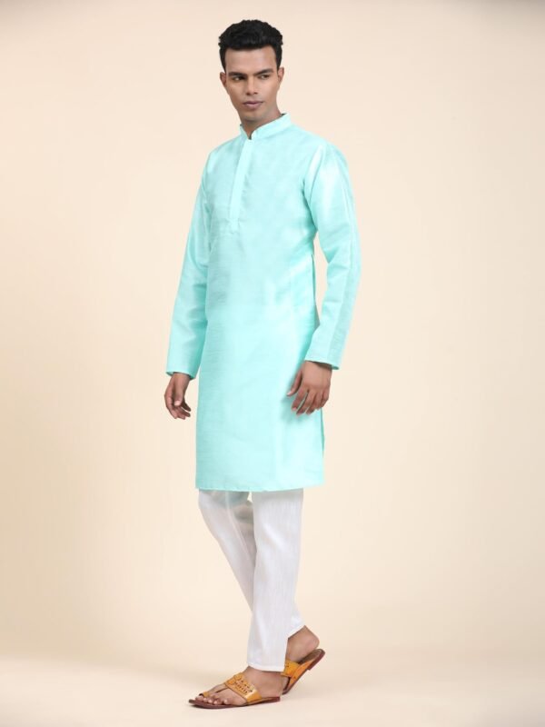 Men Solid Dupion Silk Straight Kurta,Sky Blue - Image 3