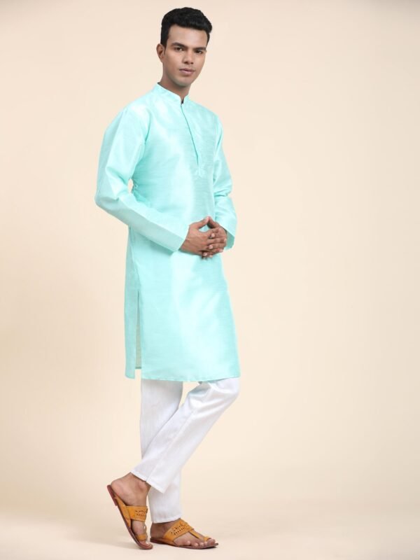 Men Solid Dupion Silk Straight Kurta,Sky Blue - Image 2