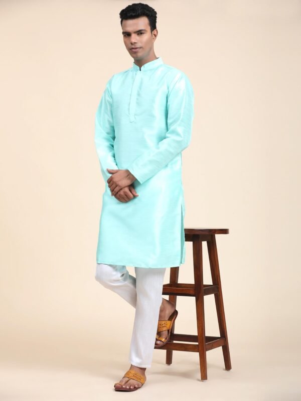 Men Solid Dupion Silk Straight Kurta,Sky Blue - Image 6