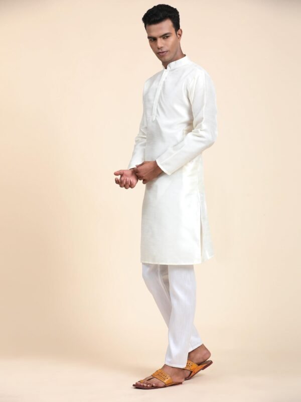 Men Solid Dupion Silk Straight Kurta,White - Image 7