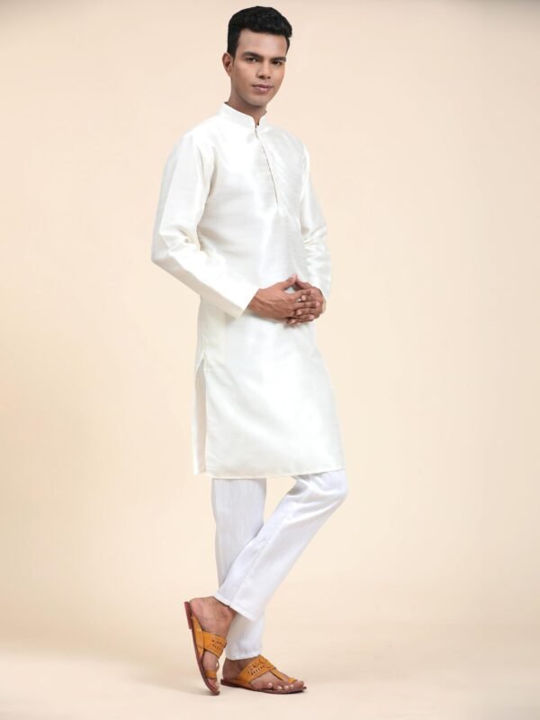 Men Solid Dupion Silk Straight Kurta,White - Image 6