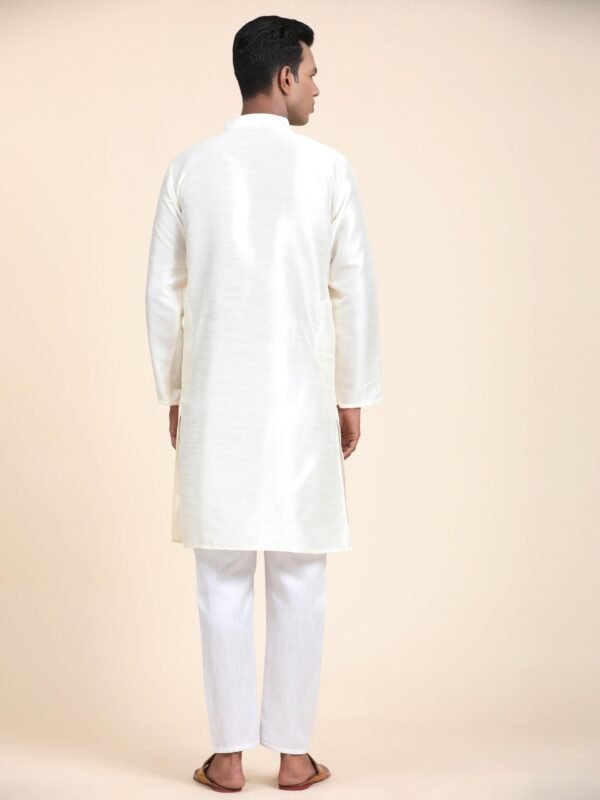 Men Solid Dupion Silk Straight Kurta,White - Image 4