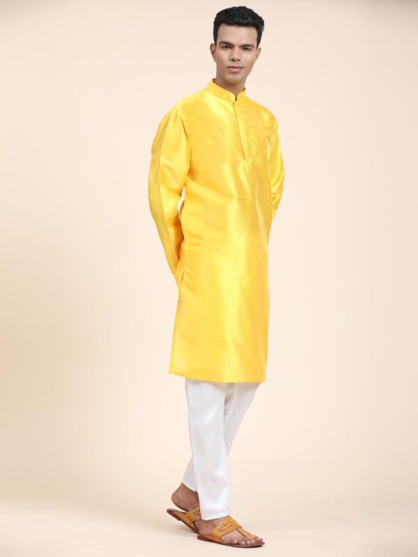 Men Solid Dupion Silk Straight Kurta,Yellow - Image 7