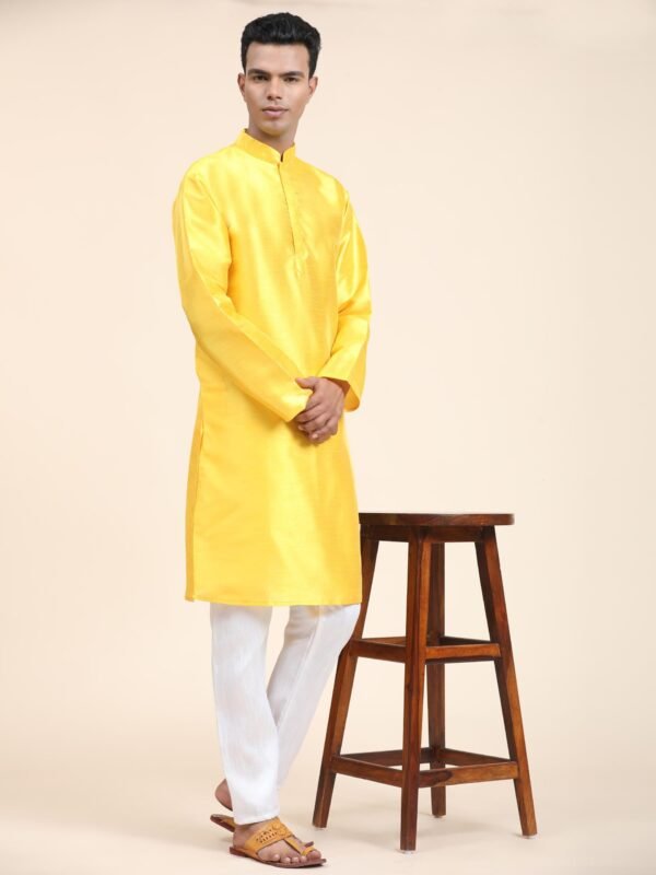 Men Solid Dupion Silk Straight Kurta,Yellow - Image 4