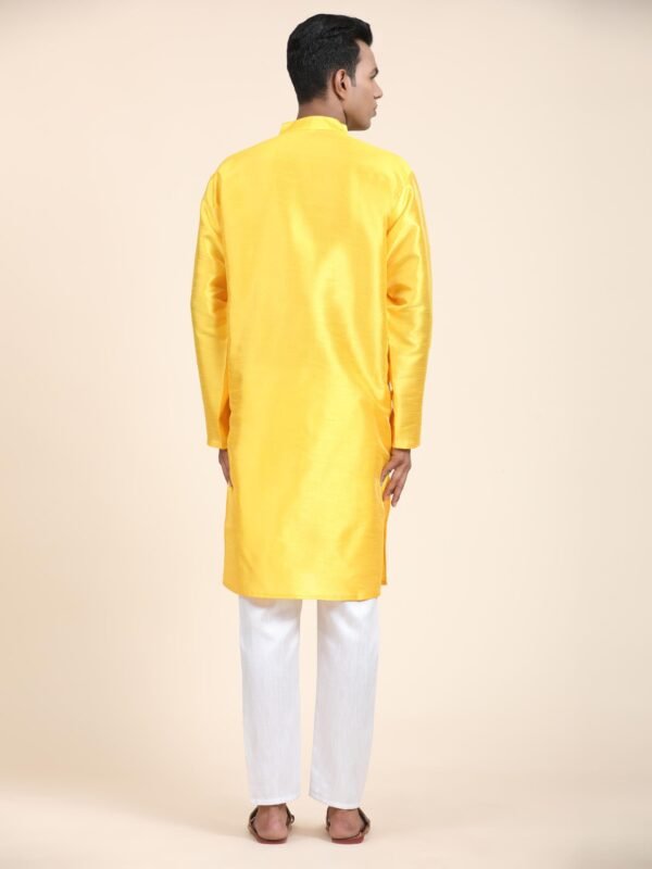 Men Solid Dupion Silk Straight Kurta,Yellow - Image 3