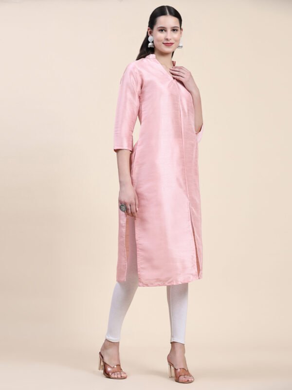 Women Solid Dupion Silk Straight Kurta,Pink - Image 2