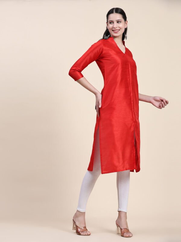 Women Solid Dupion Silk Straight Kurta,Red - Image 3