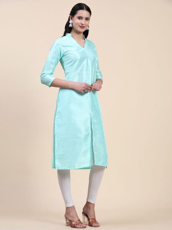 Women Solid Dupion Silk Straight Kurta,Sky Blue - Image 3