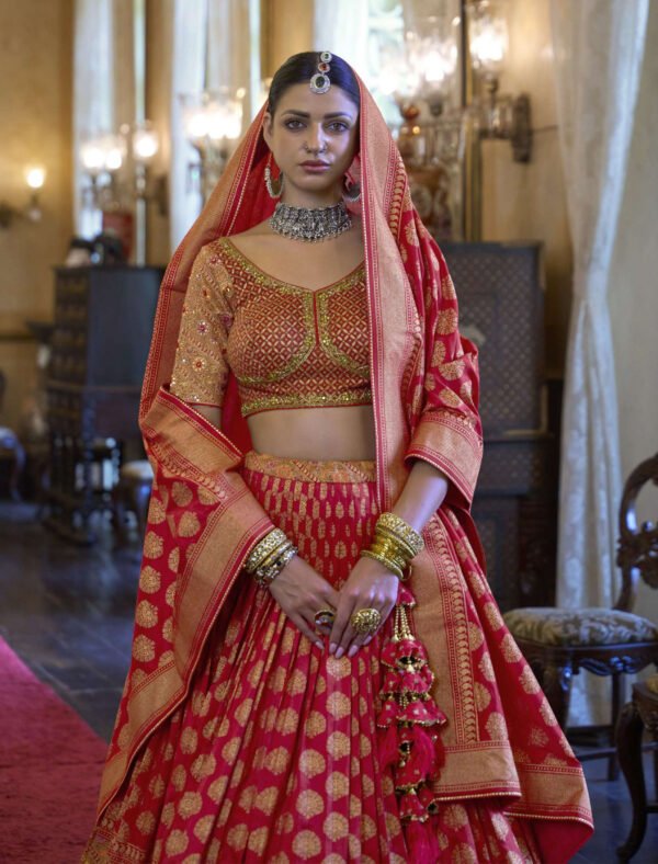 Red & Golden Lehnga With Blouse,Combination Duptta &Sequence Work