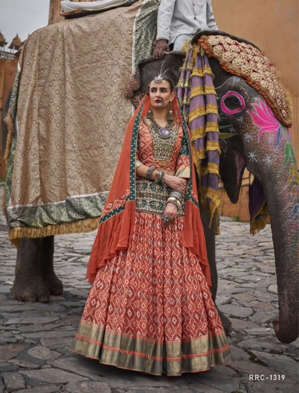 Orange Digital Print and Zari Border Crushed Lehenga Set