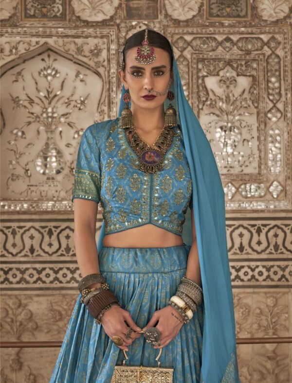 Sky Blue Printed Cotton Lehenga Set With Dupatta - Image 2