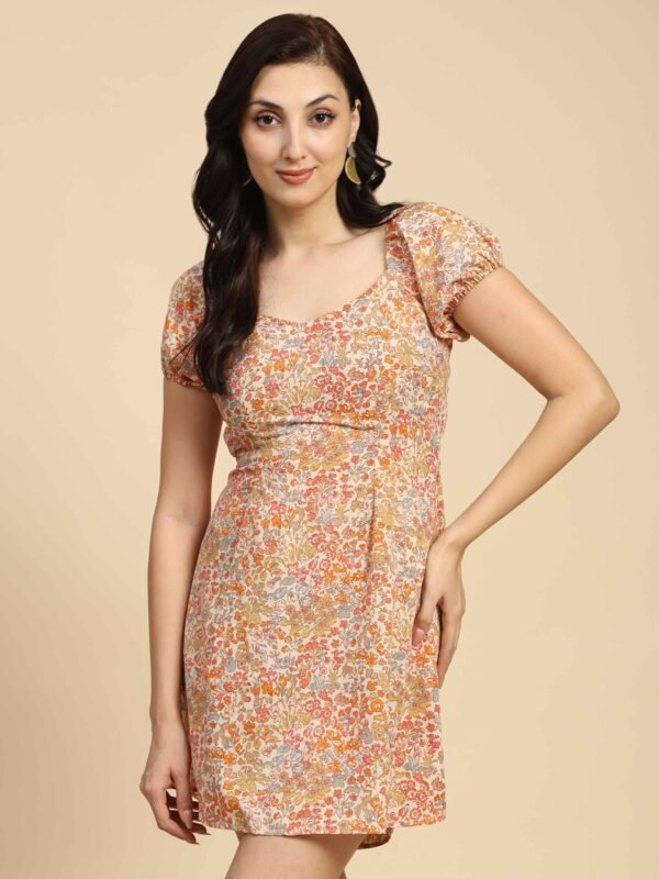 Floral Printed Sweetheart Neck Puff Sleeves A-Line Mini Dress - Image 5