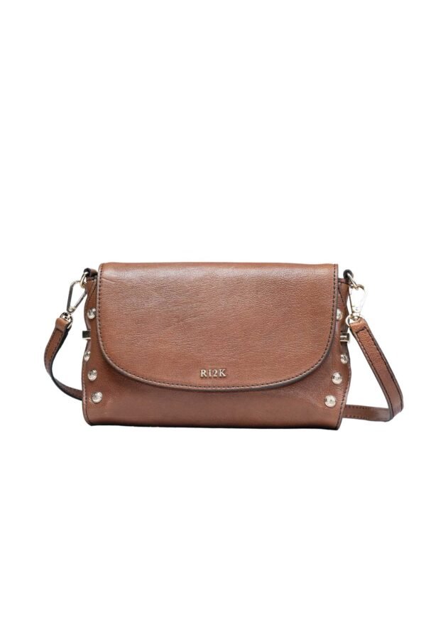 RI2K Stud Edge Genuine Leather Brown Acrossbody Bag