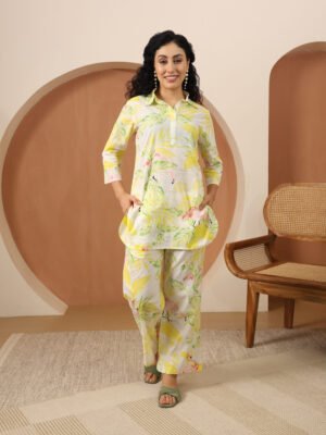 Lime Flamingo Collared Cotton Lounge Co-Ord Set with 3 button