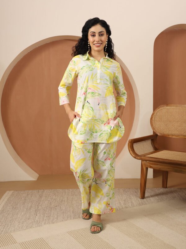 Lime Flamingo Collared Cotton Lounge Co-Ord Set with 3 button