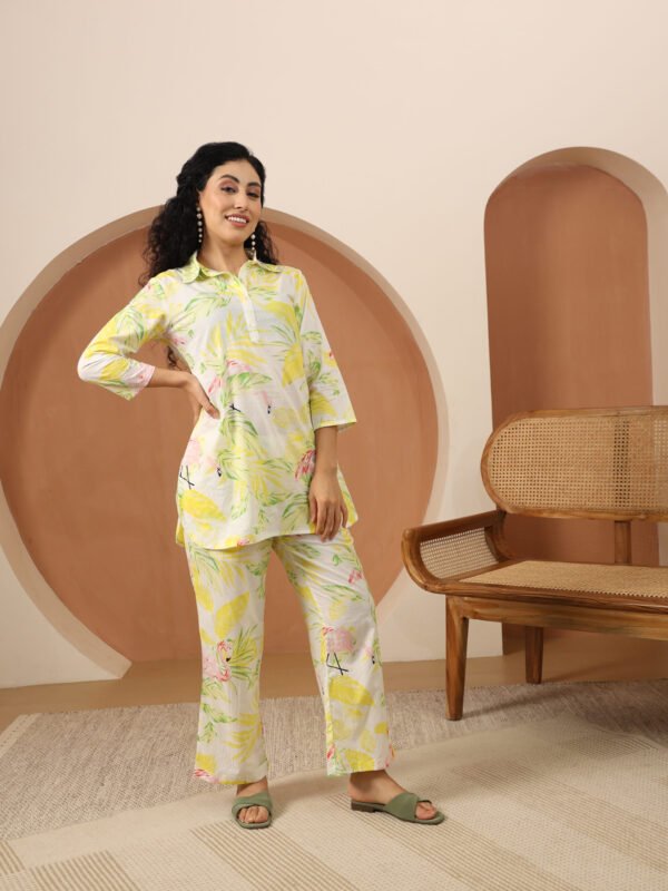 Lime Flamingo Collared Cotton Lounge Co-Ord Set with 3 button - Image 4