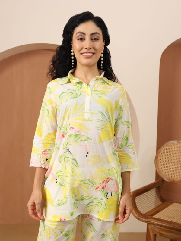 Lime Flamingo Collared Cotton Lounge Co-Ord Set with 3 button - Image 5