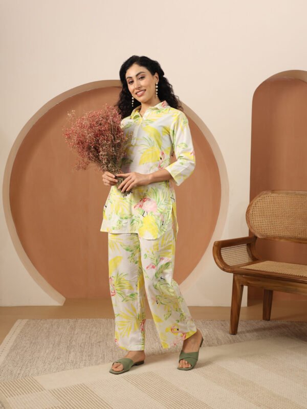 Lime Flamingo Collared Cotton Lounge Co-Ord Set with 3 button - Image 6