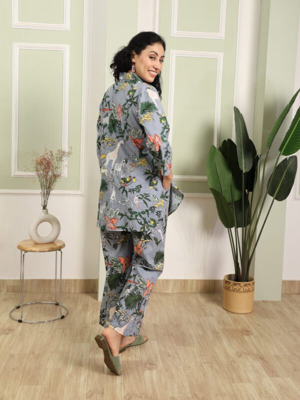 Grey Jungle Collared Cotton Lounge Co-Ord Set with 3 button - Image 2