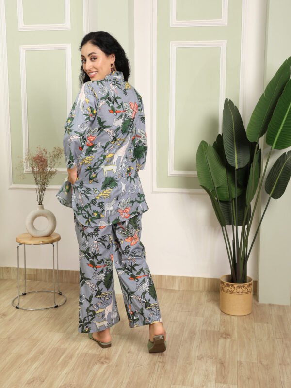 Grey Jungle Collared Cotton Lounge Co-Ord Set with 3 button - Image 3