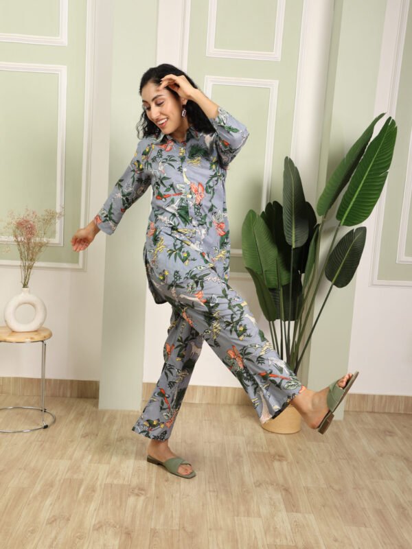 Grey Jungle Collared Cotton Lounge Co-Ord Set with 3 button - Image 5