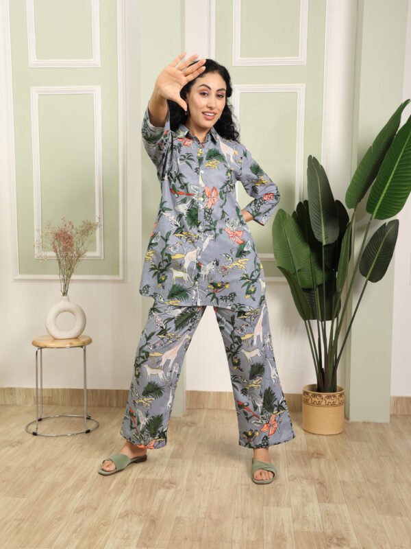 Grey Jungle Collared Cotton Lounge Co-Ord Set with 3 button - Image 6