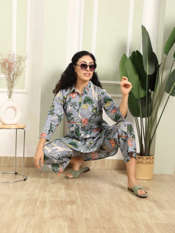 Grey Jungle Collared Cotton Lounge Co-Ord Set with 3 button - Image 7