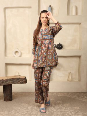 Cotton Printed Dress Cord Set (Brown)