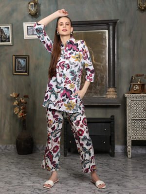 Cotton Printed Cord Set (White)