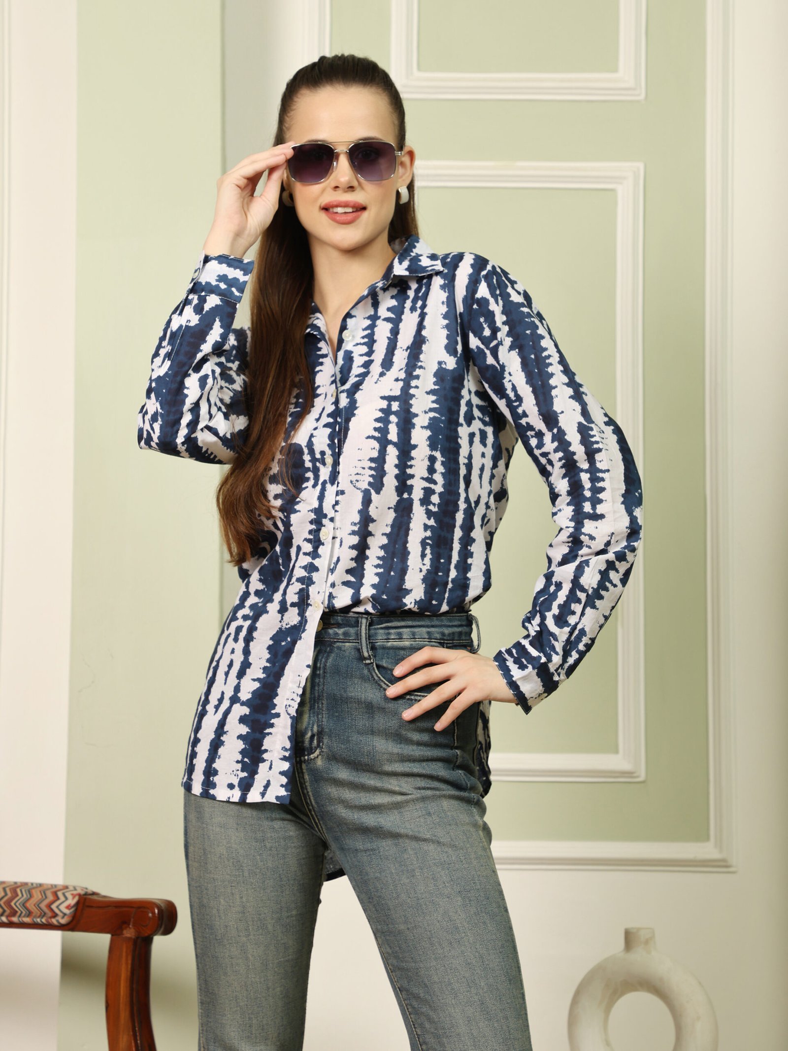 Women cotton printed Shirt (Blue) - Image 4