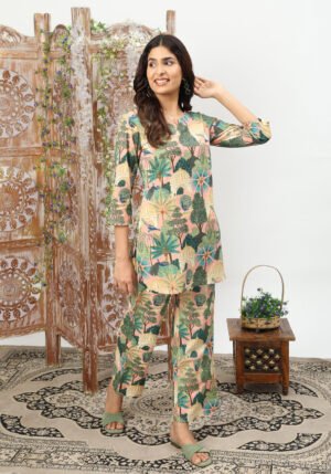 Cotton Printed Cord Set (Beige)