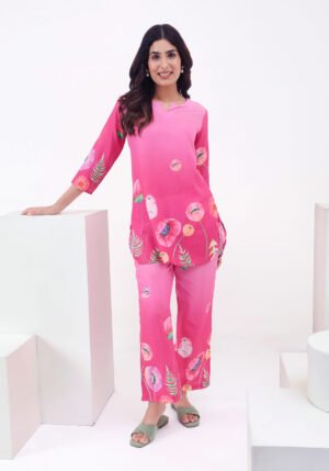 Pink Floral Digital Print Cotton Co-ord Set - Top & Trousers